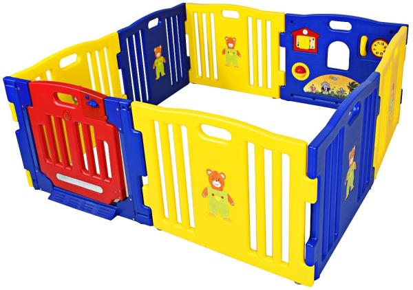 COSTWAY 8 Paneele Laufgitter, Baby Laufstall mit Spielzeugboard und Sicherheitsschloss, für Baby und Kleinkinder