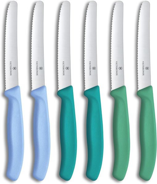 Victorinox Swiss Classic, Frühstücksmesser, Brötchenmesser Set, 6teilig, Scharfe Klinge, Wellenschliff, 11cm, Rostfreier Stahl, Blau und Grün