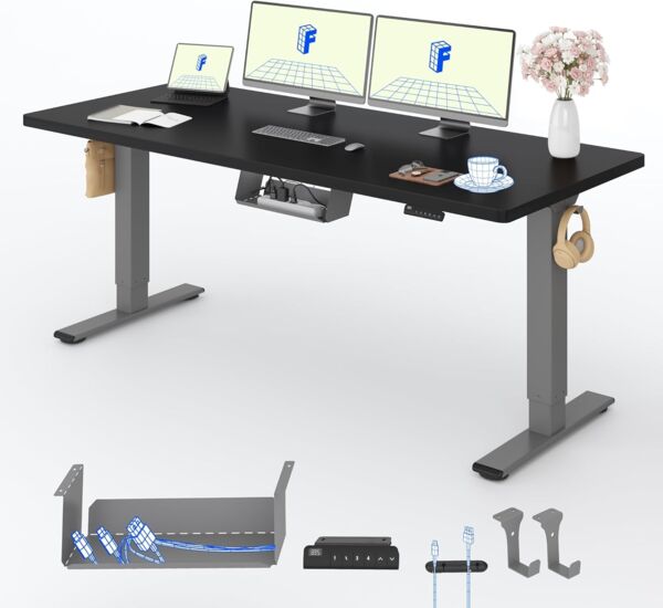 FLEXISPOT Höhenverstellbarer Schreibtisch mit 2 Motoren & 25MM einteiliger Tischplatte,ergonomischer Bürotisch - 180x80 cm Schwarz, graues Gestell