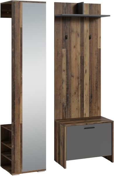 byLIVING Garderoben-Set Ben/Flur Garderobe mit Spiegel/viel Stauraum / 3-teilig/Hochschrank/Wandpaneel/Sitzbank (Old Style/Anthrazit)