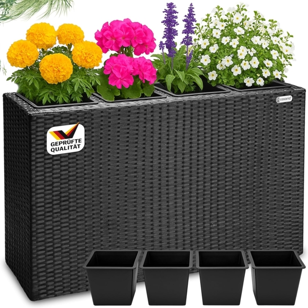 Casaria Pflanzkübel, 4 Innentöpfe Herausnehmbar Polyrattan 95x27x60cm Blumentopf Schwarz