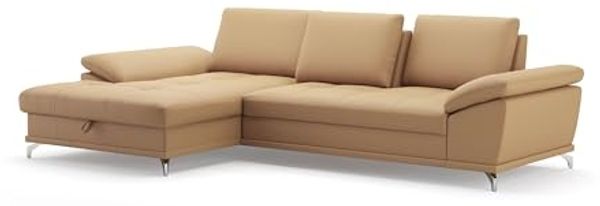 Cavadore Eckcouch Castiel mit Federkern / Ecksofa mit großem Longchair, Sitztiefenverstellung und mattschwarzen Metallfüßen / 301 x 89 x 176 / Echtleder, Beige Bild 4