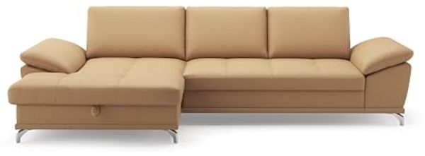 Cavadore Eckcouch Castiel mit Federkern / Ecksofa mit großem Longchair, Sitztiefenverstellung und mattschwarzen Metallfüßen / 301 x 89 x 176 / Echtleder, Beige Bild 7