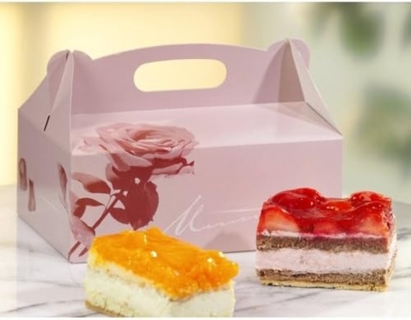 20 Gebäck-Kartons, Pappe eckig 16 cm x 10 cm x 9 cm rosé mit Tragegriff