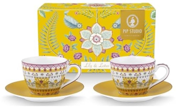 PiP Studio Espressotasse Lily&Lotus Yellow Espressotasse mit Untertasse 0,12l Set2, Porzellan