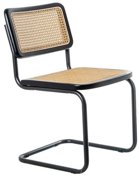 DRW Set mit 4 Stühlen aus Holz, Rattan und Metall in Natur und Schwarz, 48 x 53 x 81 cm