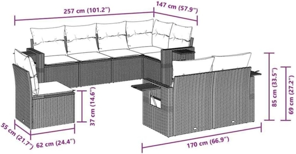 vidaXL 8-tlg. Garten-Sofagarnitur mit Kissen Braun Poly Rattan 3252780 Bild 3
