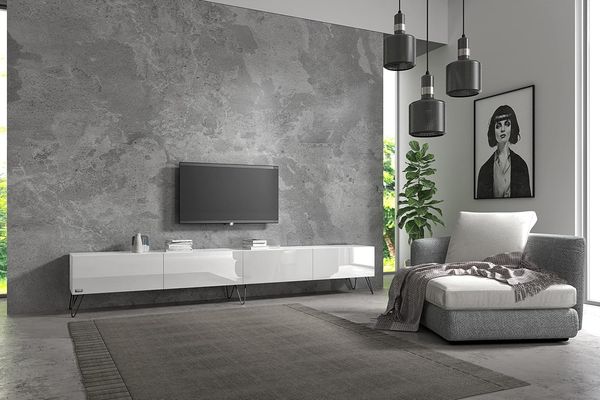 Wuun® TV-Board Lowboard Wohnwand TV-Bank Somero / 280cm (2x140 cm) / Weiß-Hochglanz/Haarnadel Schwarz