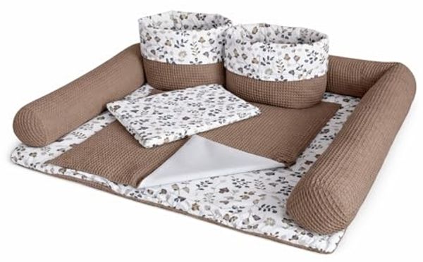 Wickelauflage Set 6-teilig – Wickelunterlage aus Baumwolle & Waffelstoff – Baby Wickelauflage – Geschenk zur Babyparty – Wickeltischauflage – 75x75 cm (Breite x Tiefe), Zweige und braun