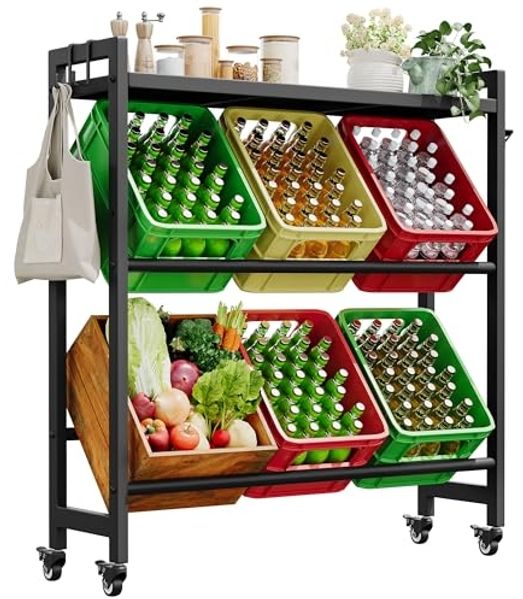 YITAHOME getränkekistenregal mit ablage 6 kisten, getränkekistenregal rollen, verstellbaren füße, Öffner, Haken, Metall regal getränkekisten für Bier, Obst, Gemüse, Wasser, getränkeregal kisten regal