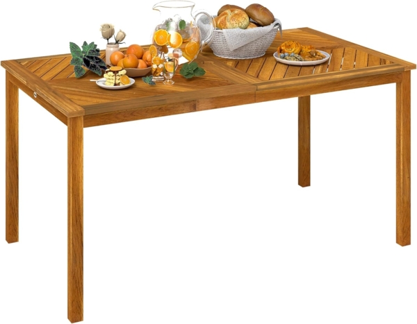 Outsunny Gartentisch mit Schirmloch, Lamellendesign (wetterfest Balkontisch aus Holz, 1-St, klappbar Beistelltisch für 6 Personen), 150 x 85 cm, für Garten Balkon Teak