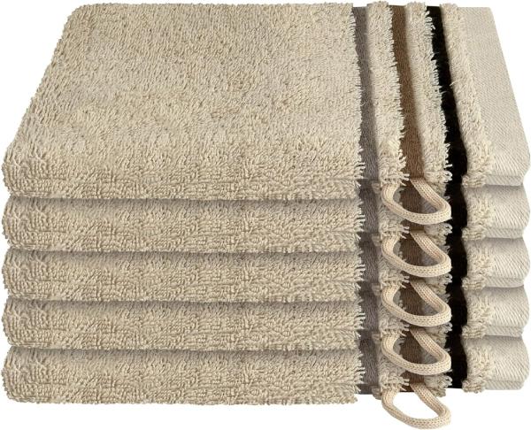 Schiesser Waschhandschuh Skyline, 5er Set, Violett, mit Webbordüre, 100% Baumwolle Beige