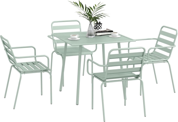 Outsunny Garten-Essgruppe Sitzgruppe mit 1 Esstisch, 4 stapelbaren Stühlen, (Gartengarnitur, 5-tlg, Sitzgarnitur), für Balkon, Terrasse, Stahl, Hellgrün