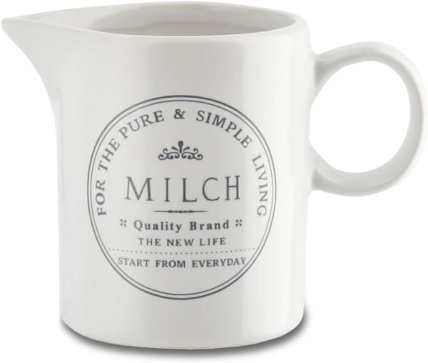 KHG Milchkännchen 150ml Kapazität, Milchkrug Keramik Steingut Weiß Zierschrift, Landhaus & Vintage Boho Stil, für den Kaffeeservice, Milchkanne klein mit Henkel & präzisem Ausgießer