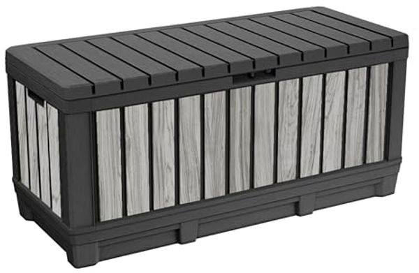 Keter Gartenbox Kentwood, 350 Liter, Holzoptik Stormgrey, Deckel bis 260 kg belastbar, abschließbar, wetterfest, UV-resistent, wartungsfrei