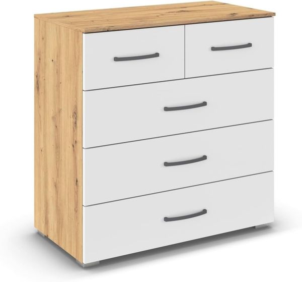 rauch Aditio Box, Kommode, 5 Schubladen, mit Softclose-Funktion, Farbe Weiß/Eiche Artisan, BxHxT 80x81x42cm