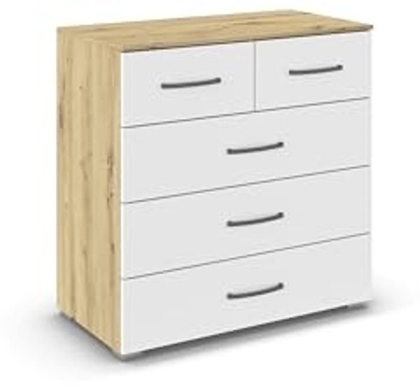 rauch Aditio Box, Kommode, 5 Schubladen, mit Softclose-Funktion, Farbe Weiß/Eiche Artisan, BxHxT 80x81x42cm