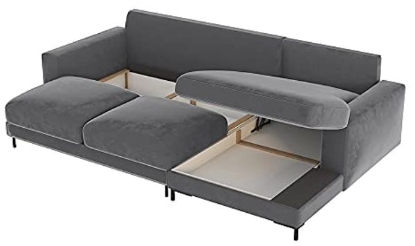 Selsey Mokpeo - Ecksofa mit Schlaffunktion, Bettkasten und schwarzen Füßen, 244 cm breit (Veloursbezug Graphitgrau, Ottomane rechts) Bild 5