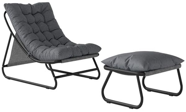 Outsunny Gartenliege mit Hocker, 13 cm dicker Auflage, rutschfesten Füßen, Balkonsessel, 2 St, Loungesessel, für Garten,Terrasse Dunkelgrau