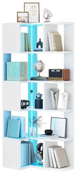 YITAHOME eckregal weiß mit Beleuchtung, 6 Etagen bücherregal, L-förmiges eckregal stehend, Corner Shelf, led Regal für Büro, Arbeitszimmer, Wohnzimmer, Schlafzimmer, L64 × W41.5 × H160 cm