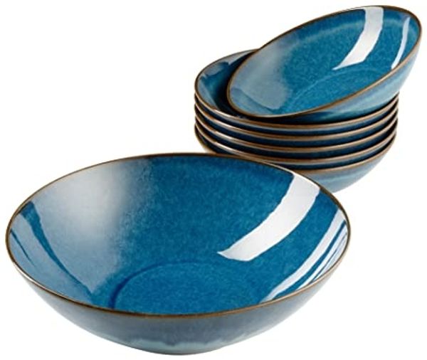 7-teiliges Bowl Set aus Keramik, 1 Salat-Schüssel groß und 6 Schalen für Salat, Müsli, Suppe oder Pasta, mit Vintage Glasur in Blau