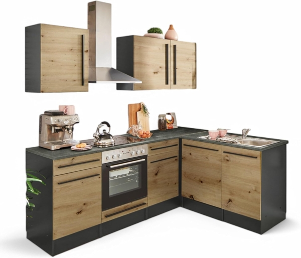 Jazz 8 Moderne Eckküche mit Elektrogeräten in Anthrazit, Artisan Eiche Optik - Geräumige Küchenzeile in L-Form mit viel Stauraum - 220 x 211 x 60 cm (B/H/T)