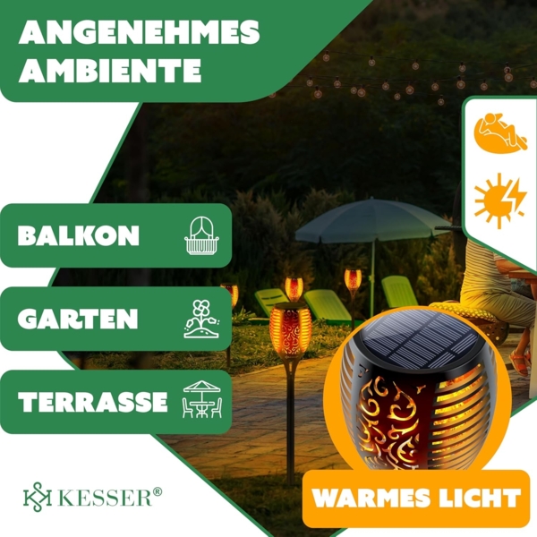 KESSER® Gartenfackel Solar Set Solarleuchten Flamme mit Wandhalterung + Erdspieß Licht-Sensor Wetterfest Garten Solarleuchte Fackel Lichter LED Gartenlampe Solarlampe Flammenlicht 12 LED´s, 12er Set Bild 6