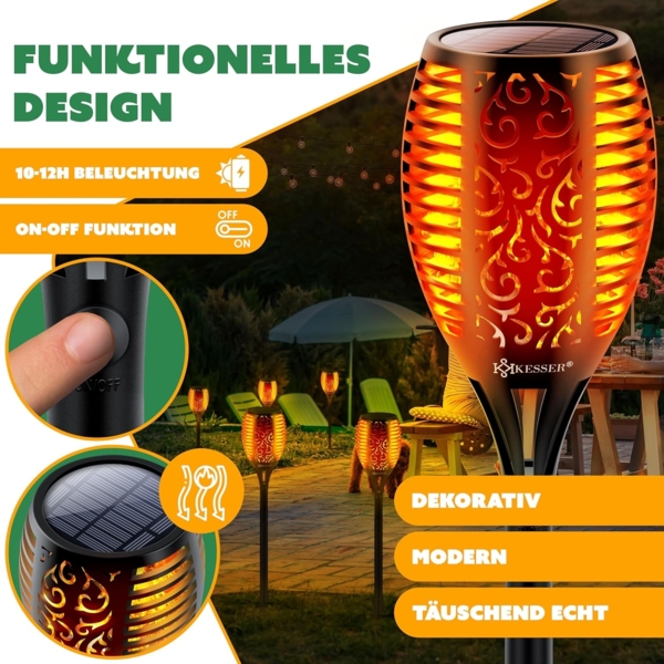 KESSER® Gartenfackel Solar Set Solarleuchten Flamme mit Wandhalterung + Erdspieß Licht-Sensor Wetterfest Garten Solarleuchte Fackel Lichter LED Gartenlampe Solarlampe Flammenlicht 12 LED´s, 12er Set Bild 2