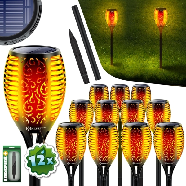 KESSER® Gartenfackel Solar Set Solarleuchten Flamme mit Wandhalterung + Erdspieß Licht-Sensor Wetterfest Garten Solarleuchte Fackel Lichter LED Gartenlampe Solarlampe Flammenlicht 12 LED´s, 12er Set