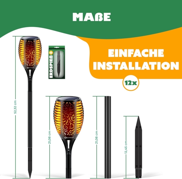 KESSER® Gartenfackel Solar Set Solarleuchten Flamme mit Wandhalterung + Erdspieß Licht-Sensor Wetterfest Garten Solarleuchte Fackel Lichter LED Gartenlampe Solarlampe Flammenlicht 12 LED´s, 12er Set Bild 7