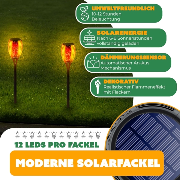 KESSER® Gartenfackel Solar Set Solarleuchten Flamme mit Wandhalterung + Erdspieß Licht-Sensor Wetterfest Garten Solarleuchte Fackel Lichter LED Gartenlampe Solarlampe Flammenlicht 12 LED´s, 12er Set Bild 5