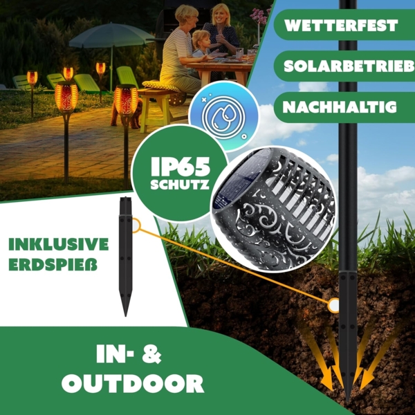 KESSER® Gartenfackel Solar Set Solarleuchten Flamme mit Wandhalterung + Erdspieß Licht-Sensor Wetterfest Garten Solarleuchte Fackel Lichter LED Gartenlampe Solarlampe Flammenlicht 12 LED´s, 12er Set Bild 3