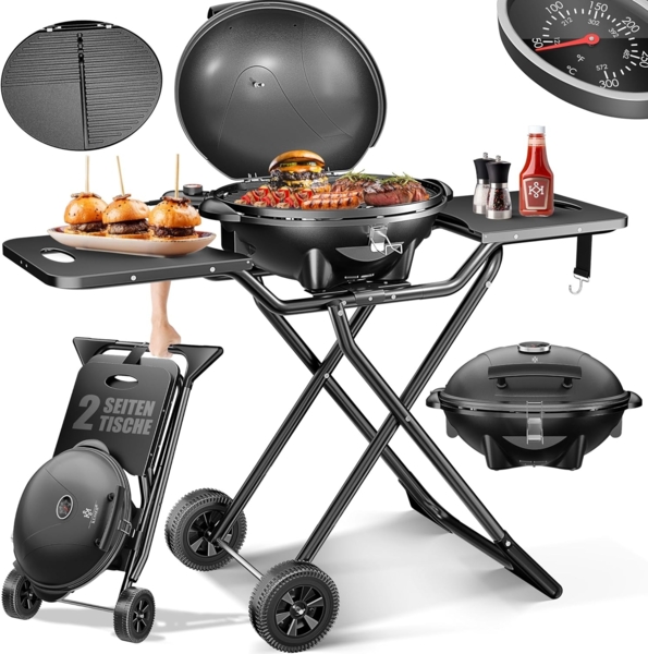 KESSER® elektrischer Elektrogrill 2in1 Tischgrill - Standgrill mit Deckel und Standfuß | max. 2400 Watt | Faltbar | Thermometer | Antihaftbeschichtung | Grillplatte Abstelltische | 2 Räder | Schwarz