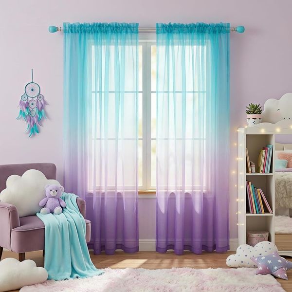 KOUFALL Violette Vorhänge für Schlafzimmer, Mädchenzimmer, Meerjungfrauen-Ombré-Optik, durchscheinende Kindervorhänge für Kinderzimmer, Baby, 2-teiliges Set, helles Lavendel und Blaugrün, 213 cm lang