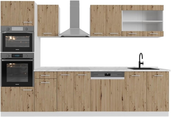 Küchenzeile R-Line Artisan Eiche/Weiß 300 cm mit Hochschrank, ohne Arbeitsplatte Vicco