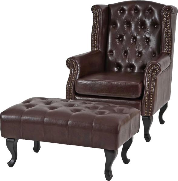 Sessel Relaxsessel Clubsessel Ohrensessel Chesterfield, Kunstleder ~ antik-braun mit Ottomane