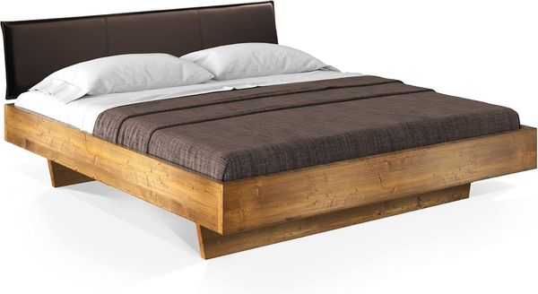 Möbel-Eins CURBY Wangenbett mit Polster-Kopfteil, Material Massivholz, rustikale Altholzoptik, Fichte gebürstet Vintage 200x220 cm Kunstleder Braun ohne Steppung