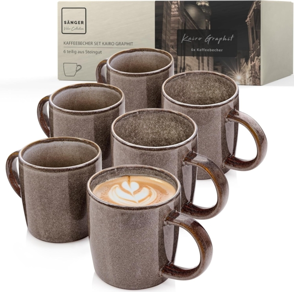 SÄNGER Kaffeebecher Set Kairo Graphit - 6 teilig aus Steingut