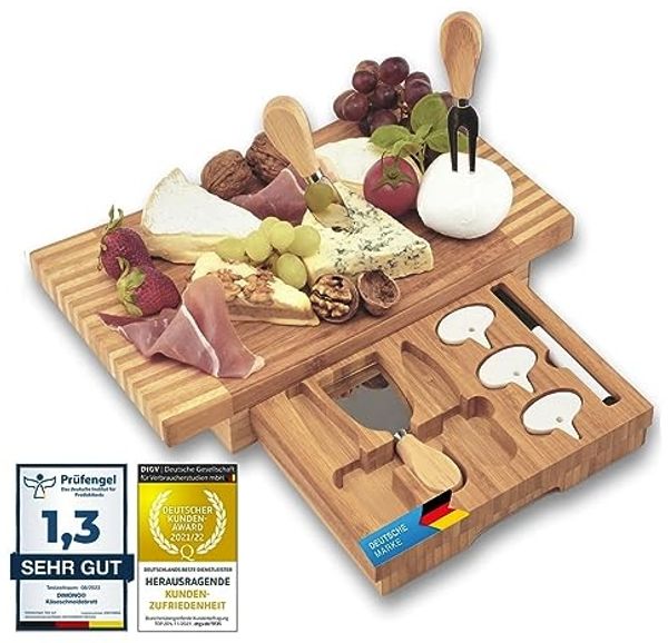 Dimono Käsebrett Deluxe mit 3 Käse-Messern, (Servier-Brett mit Käsebesteck, 8-St), Käse-Schneidebrett
