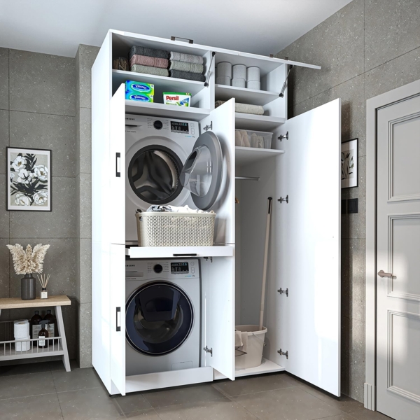 Roomart Waschmaschinenschrank " DORA SET" für Trockner & Waschmaschine, 130 cm breit, mit Aufsatzschrank , 1x Regalboden, Türen & Ausziehbrett • Weiß