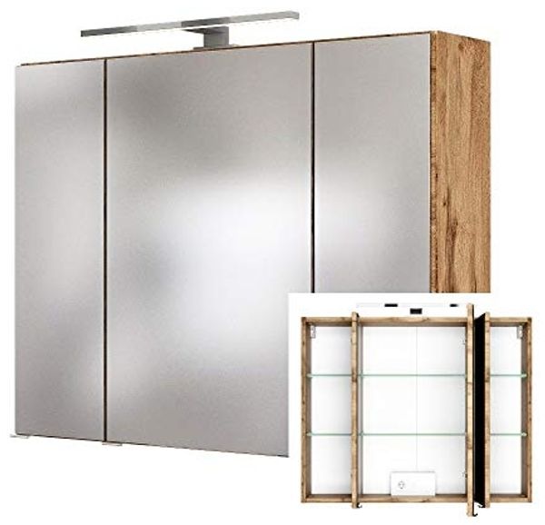 Lomadox Spiegelschrank LOUROSA-03 3D 60 cm in Wotaneiche Nb. inkl. LED Beleuchtung, BxHxT: 60x66x20 cm