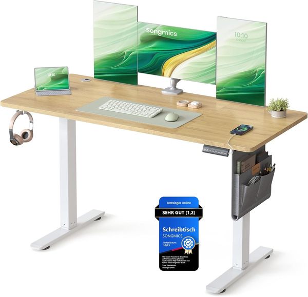 SONGMICS Höhenverstellbarer Schreibtisch elektrisch, 140x60 cm, Memory-Funktion mit 4 Höhen, USB-C-Anschluss, goldeichenfarben LSD134YA01