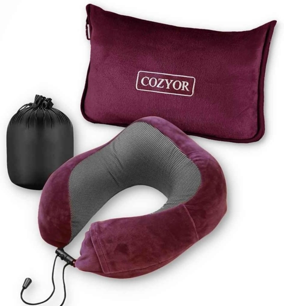Cozyor Nackenstützkissen Memory Nackenkissen mit verstellbarem Verschluss + praktischer Tasche, Bezug: waschbarer Bezug, Set, Reise-Set mit Reisedecke & Nackenkissen wahlweise mit Augenmaske