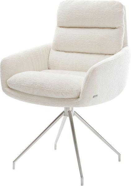 Esszimmerstuhl Abelia-Flex mit Armlehnen Bouclé Soft Beige Kreuzgestell konisch Edelstahl