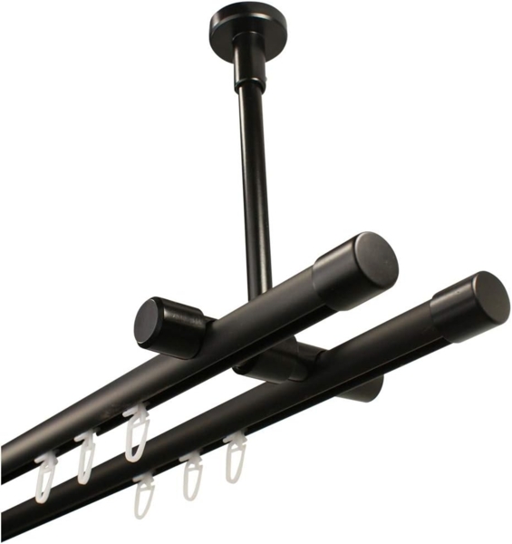 iso-design Gardinenstange Innenlauf 2-läufig schwarz Deckenmontage Endstücke Kappe, Ø 20 mm, 2-läufig, Fixmaß, mit Bohren, geschraubt, Metall, Deckenabstand durch Kürzung einstellbar zwischen 7 cm und 19 cm