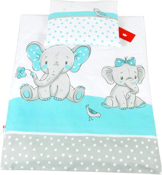 BABYLUX 2 tlg. Set Bezug für Kinderwagen Stubenwagen oder Wiege Garnitur Bettwäsche Kissen Decke 60 x 78 cm (111. Elephanten Turkis)