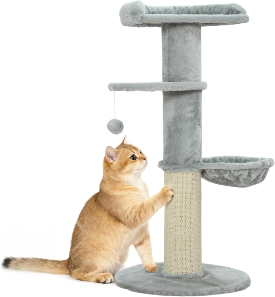 PawHut Kratzbaum mit Hängematte, Spielbällen, Geeignet für Katzen bis 6 kg, Hellgrau Bild 1