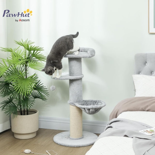 PawHut Kratzbaum mit Hängematte, Spielbällen, Geeignet für Katzen bis 6 kg, Hellgrau Bild 2