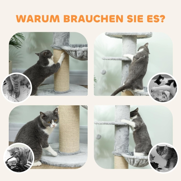 PawHut Kratzbaum mit Hängematte, Spielbällen, Geeignet für Katzen bis 6 kg, Hellgrau Bild 6