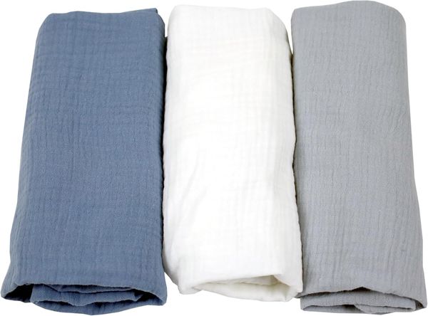 BabyLux Spannbettlaken Musselin Set – 3er Pack 40x80 cm für Kinderwagen Stubenwagen Babybett, Gummizug: ja, z15 Blau-Weiß-Grau